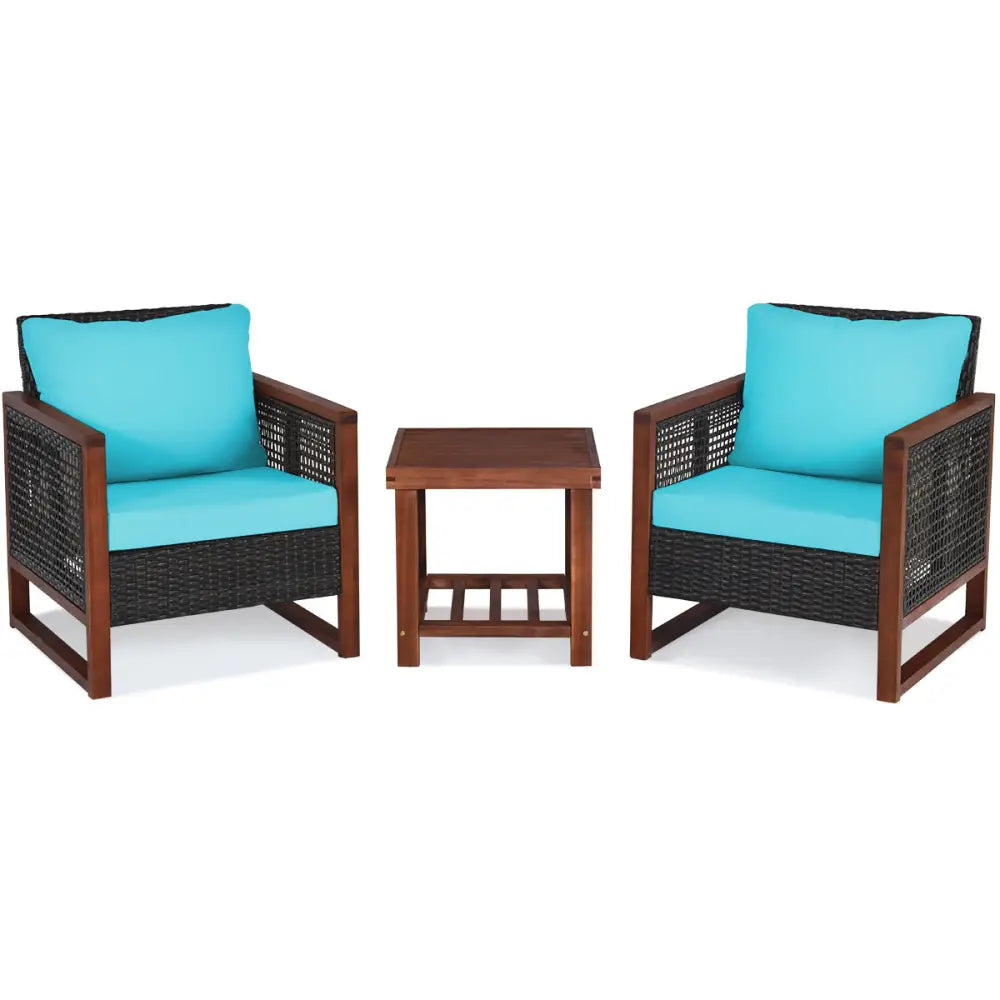 3 Pieces Acacia Wood Patio Furniture Set with Coffee Table-Turquoise - Turquoise - Patio Conversation Sets