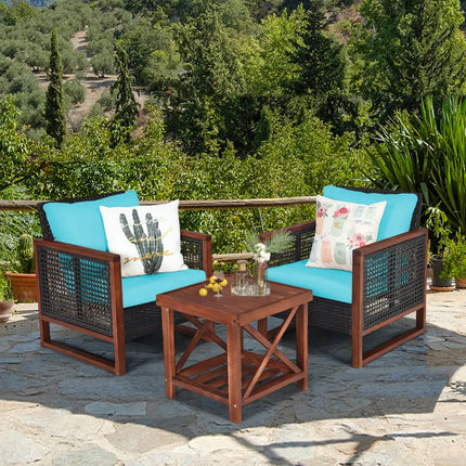 3 Pieces Acacia Wood Patio Furniture Set with Coffee Table-Turquoise - Turquoise - Patio Conversation Sets
