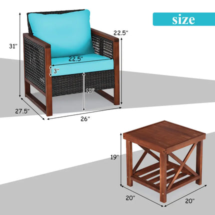 3 Pieces Acacia Wood Patio Furniture Set with Coffee Table-Turquoise - Turquoise - Patio Conversation Sets