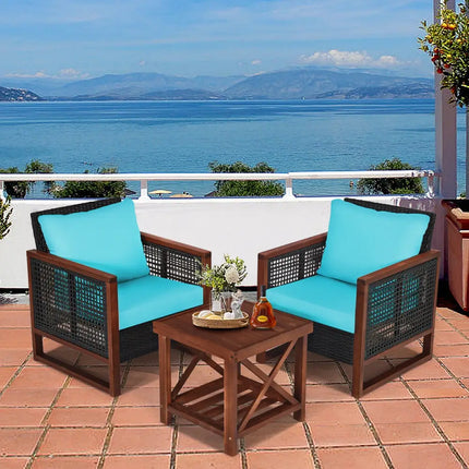 3 Pieces Acacia Wood Patio Furniture Set with Coffee Table-Turquoise - Turquoise - Patio Conversation Sets