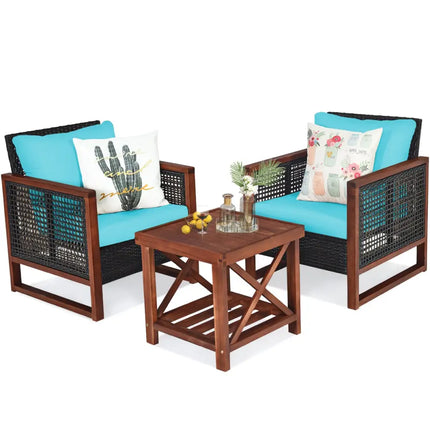 3 Pieces Acacia Wood Patio Furniture Set with Coffee Table-Turquoise - Turquoise - Patio Conversation Sets