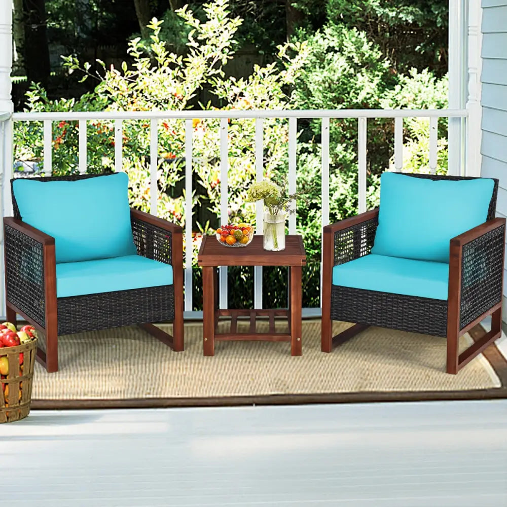 3 Pieces Acacia Wood Patio Furniture Set with Coffee Table-Turquoise - Turquoise - Patio Conversation Sets