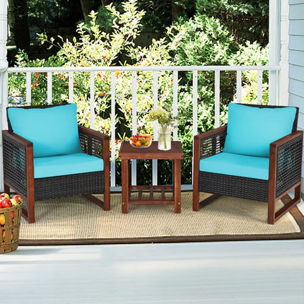 3 Pieces Acacia Wood Patio Furniture Set with Coffee Table-Turquoise - Turquoise - Patio Conversation Sets