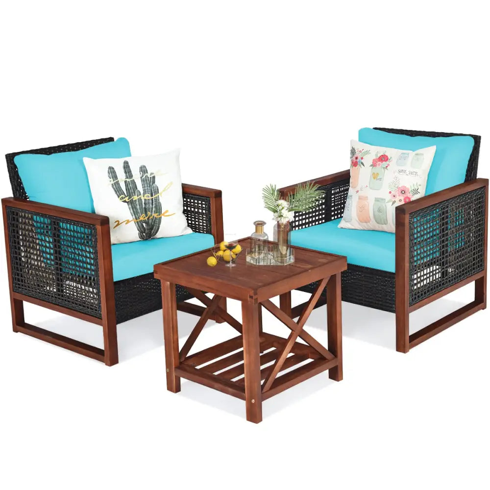 3 Pieces Acacia Wood Patio Furniture Set with Coffee Table-Turquoise - Turquoise - Patio Conversation Sets