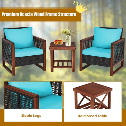 3 Pieces Acacia Wood Patio Furniture Set with Coffee Table-Turquoise - Turquoise - Patio Conversation Sets