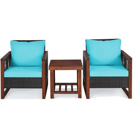3 Pieces Acacia Wood Patio Furniture Set with Coffee Table-Turquoise - Turquoise - Patio Conversation Sets