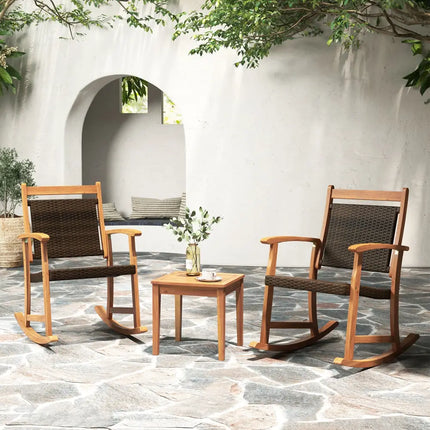 3 Pieces Acacia Wood Patio Rocking Chair Set with Side Table - Brown - Patio Conversation Sets