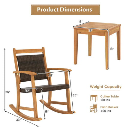 3 Pieces Acacia Wood Patio Rocking Chair Set with Side Table - Brown - Patio Conversation Sets