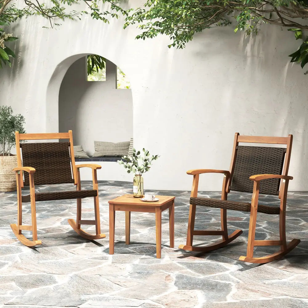 3 Pieces Acacia Wood Patio Rocking Chair Set with Side Table - Brown - Patio Conversation Sets