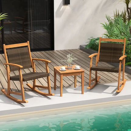3 Pieces Acacia Wood Patio Rocking Chair Set with Side Table - Brown - Patio Conversation Sets