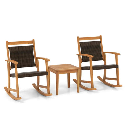 3 Pieces Acacia Wood Patio Rocking Chair Set with Side Table - Brown - Patio Conversation Sets