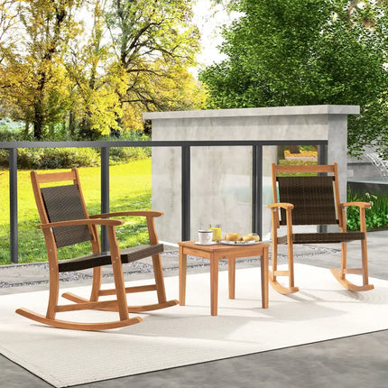 3 Pieces Acacia Wood Patio Rocking Chair Set with Side Table - Brown - Patio Conversation Sets