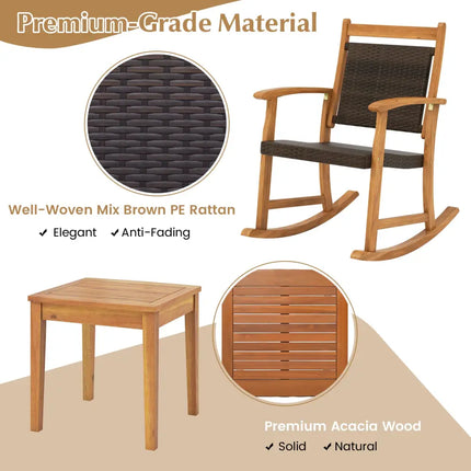 3 Pieces Acacia Wood Patio Rocking Chair Set with Side Table - Brown - Patio Conversation Sets