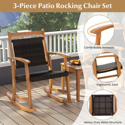 3 Pieces Acacia Wood Patio Rocking Chair Set with Side Table - Brown - Patio Conversation Sets