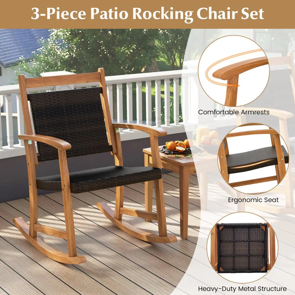 3 Pieces Acacia Wood Patio Rocking Chair Set with Side Table - Brown - Patio Conversation Sets