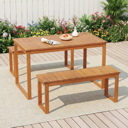 3 Pieces Acacia Wood Picnic Set with Outdoor Dining Table and 2 Benches for 4 People - Patio Dining Sets