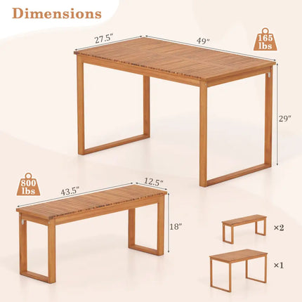 3 Pieces Acacia Wood Picnic Set with Outdoor Dining Table and 2 Benches for 4 People - Patio Dining Sets