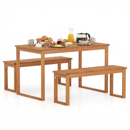 3 Pieces Acacia Wood Picnic Set with Outdoor Dining Table and 2 Benches for 4 People - Patio Dining Sets