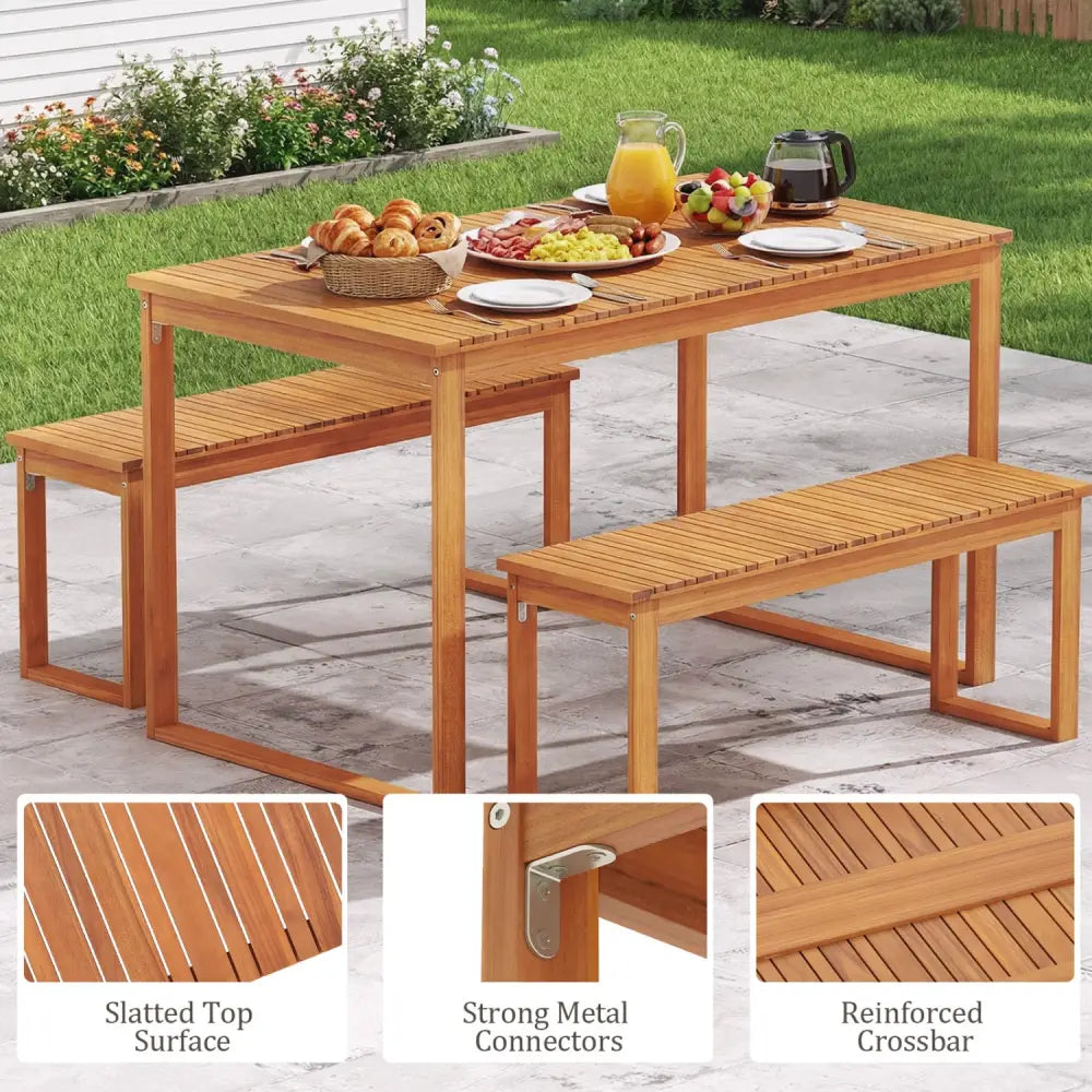 3 Pieces Acacia Wood Picnic Set with Outdoor Dining Table and 2 Benches for 4 People - Patio Dining Sets
