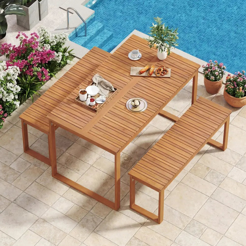 3 Pieces Acacia Wood Picnic Set with Outdoor Dining Table and 2 Benches for 4 People - Patio Dining Sets