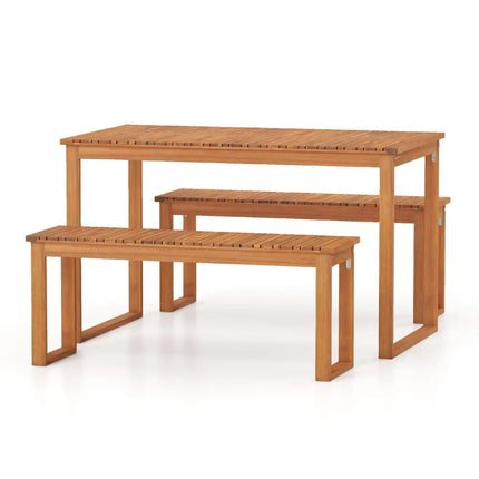 3 Pieces Acacia Wood Picnic Set with Outdoor Dining Table and 2 Benches for 4 People - Patio Dining Sets