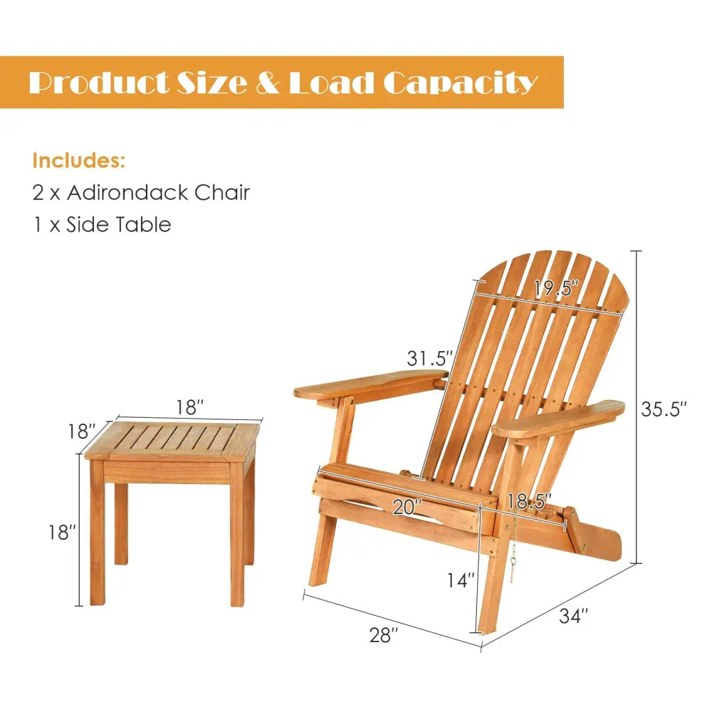 3 Pieces Adirondack Chair Set with Widened Armrest - Natural - Patio Conversation Sets