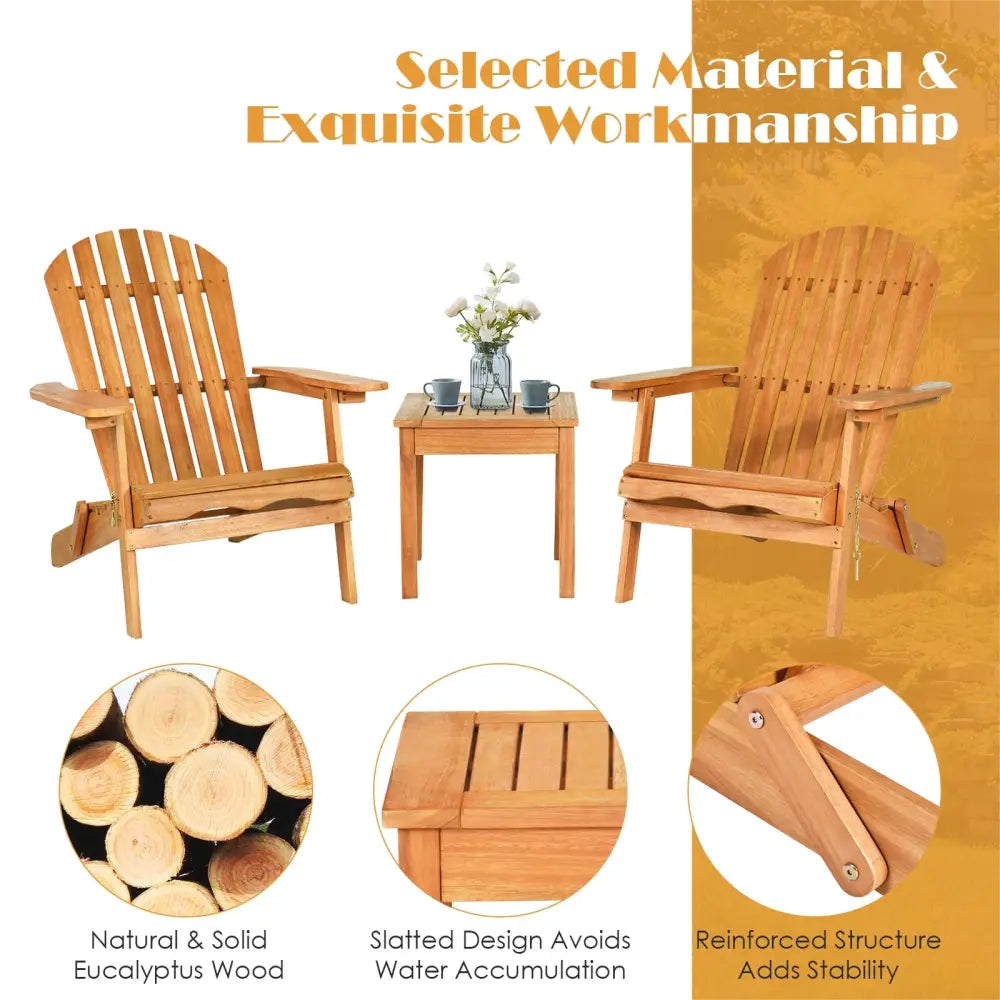 3 Pieces Adirondack Chair Set with Widened Armrest - Natural - Patio Conversation Sets