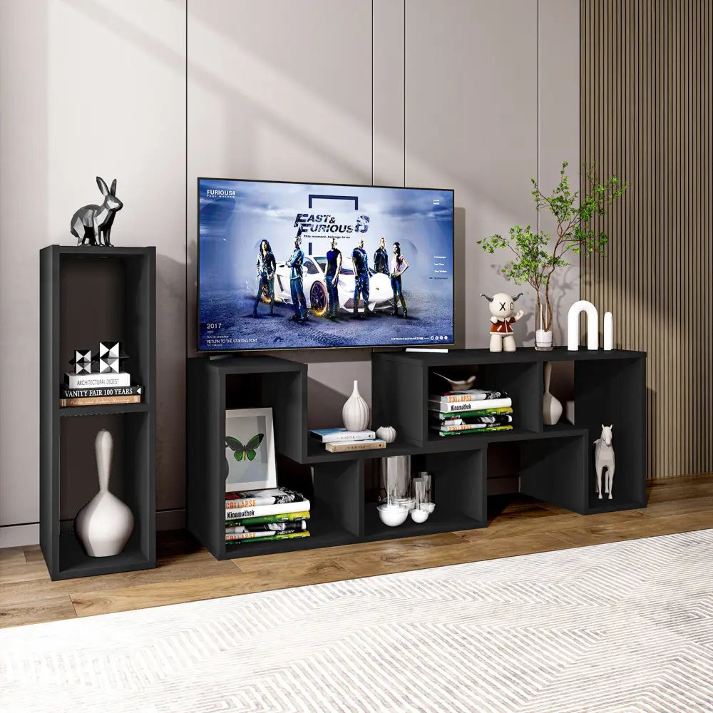 3 Pieces Adjustable TV Stand for TVs up to 65 Inch with Shelves-Black - Black - Entertainment Centers & TV Stands