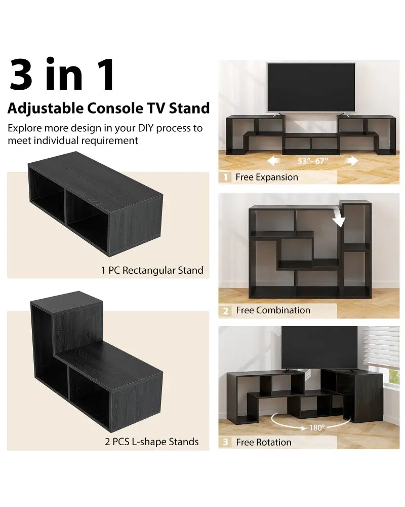 3 Pieces Adjustable TV Stand for TVs up to 65 Inch with Shelves-Mixed Black - Black Wood Grain - Entertainment Centers