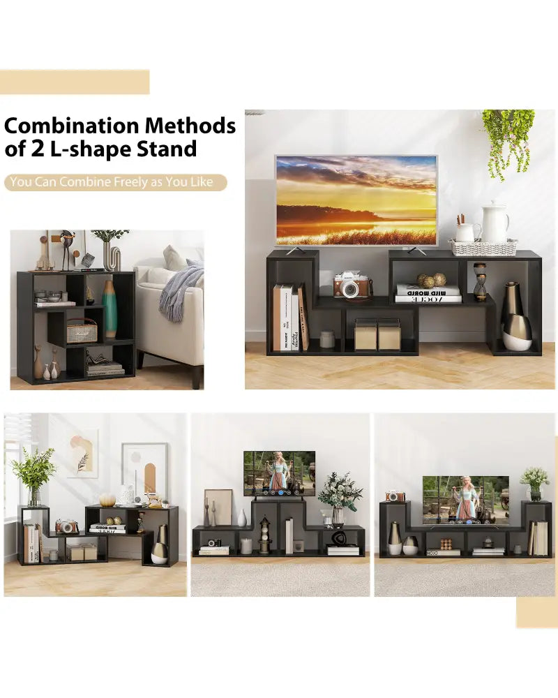 3 Pieces Adjustable TV Stand for TVs up to 65 Inch with Shelves-Mixed Black - Black Wood Grain - Entertainment Centers