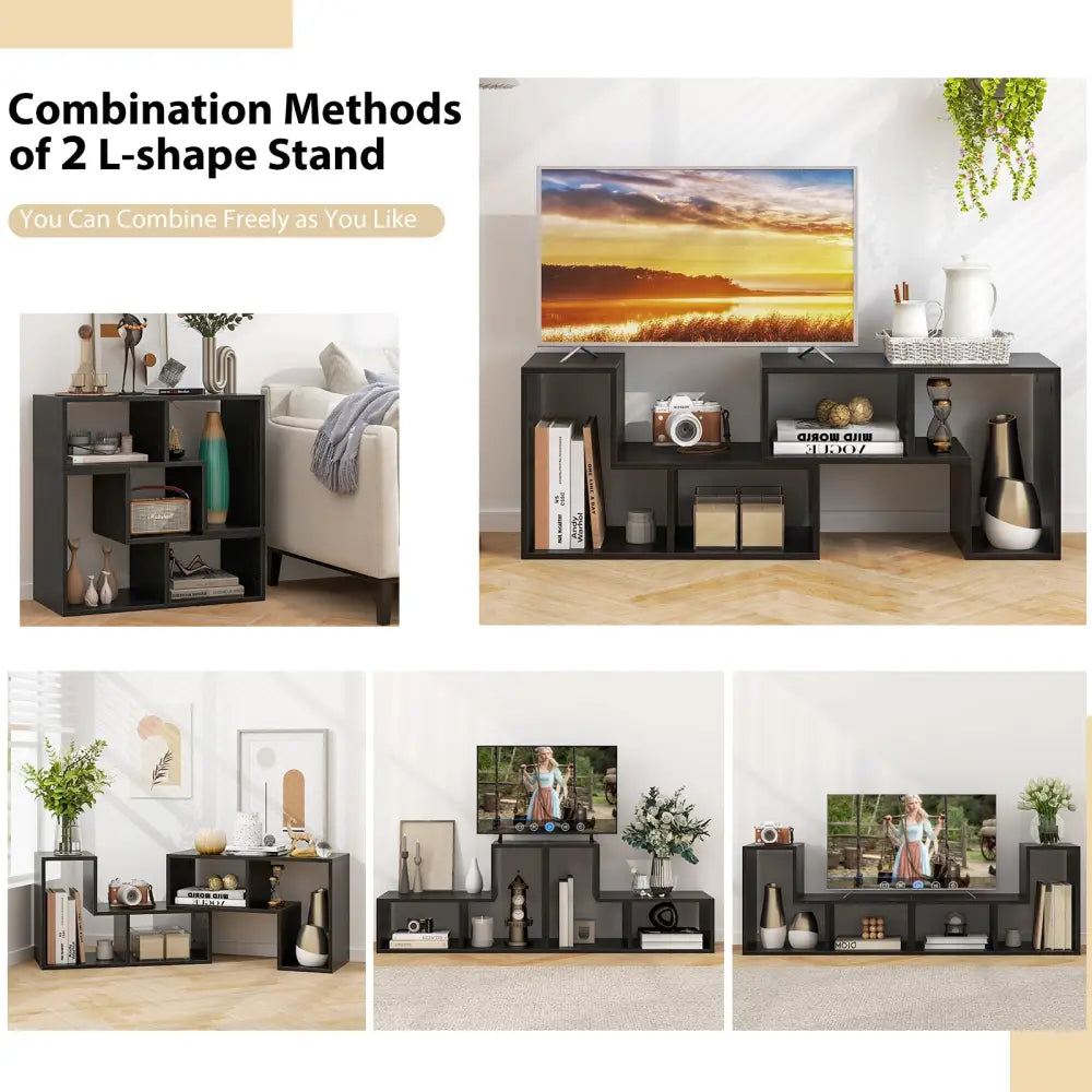 3 Pieces Adjustable TV Stand for TVs up to 65 Inch with Shelves-Mixed Black - Black Wood Grain - Entertainment Centers