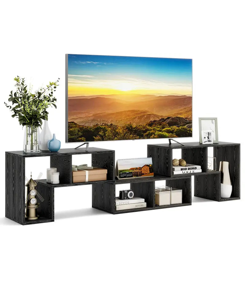 3 Pieces Adjustable TV Stand for TVs up to 65 Inch with Shelves-Mixed Black - Black Wood Grain - Entertainment Centers