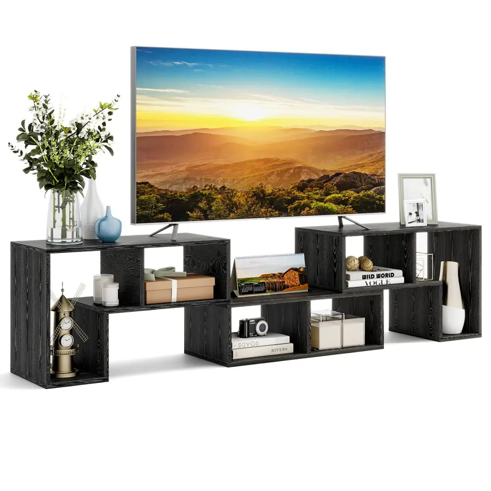 3 Pieces Adjustable TV Stand for TVs up to 65 Inch with Shelves-Mixed Black - Black Wood Grain - Entertainment Centers