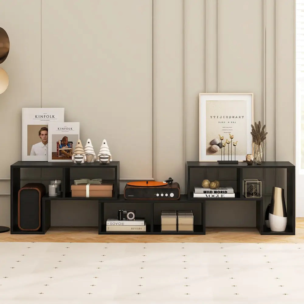 3 Pieces Adjustable TV Stand for TVs up to 65 Inch with Shelves-Mixed Black - Black Wood Grain - Entertainment Centers