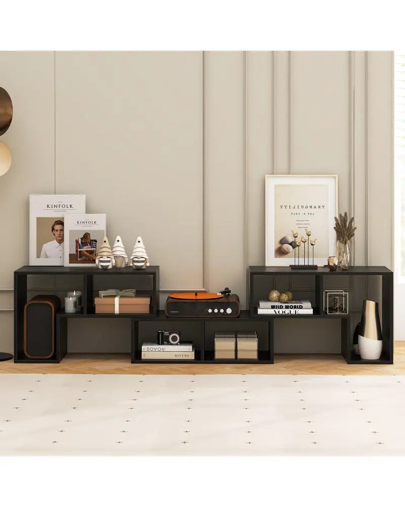 3 Pieces Adjustable TV Stand for TVs up to 65 Inch with Shelves-Mixed Black - Black Wood Grain - Entertainment Centers