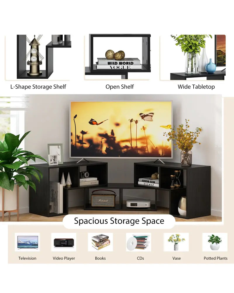 3 Pieces Adjustable TV Stand for TVs up to 65 Inch with Shelves-Mixed Black - Black Wood Grain - Entertainment Centers