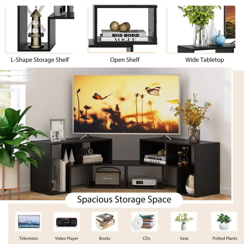3 Pieces Adjustable TV Stand for TVs up to 65 Inch with Shelves-Mixed Black - Black Wood Grain - Entertainment Centers