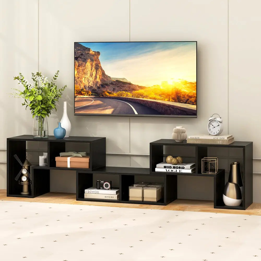 3 Pieces Adjustable TV Stand for TVs up to 65 Inch with Shelves-Mixed Black - Black Wood Grain - Entertainment Centers