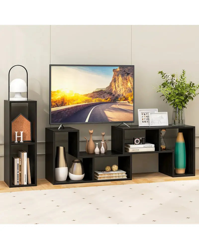 3 Pieces Adjustable TV Stand for TVs up to 65 Inch with Shelves-Mixed Black - Black Wood Grain - Entertainment Centers