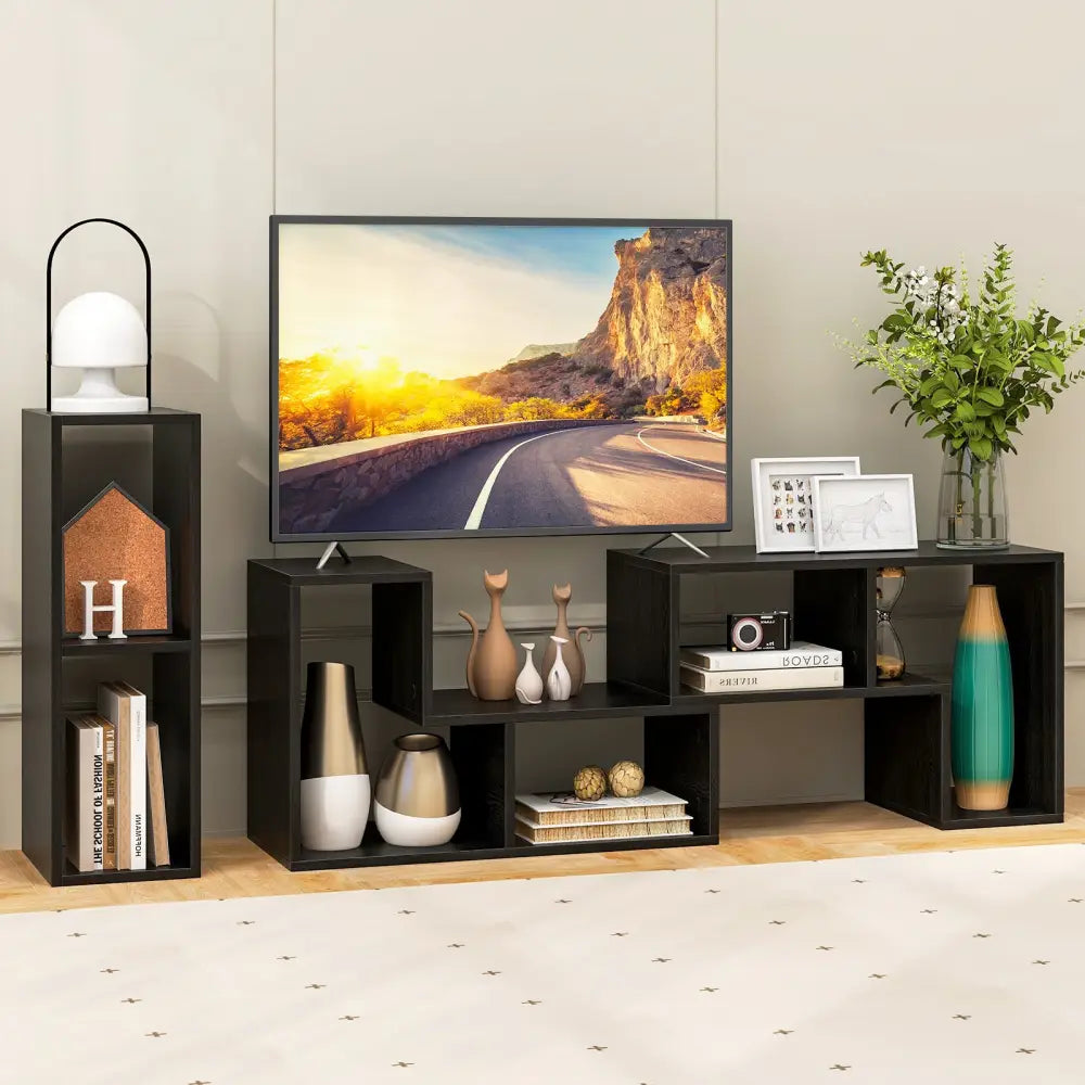 3 Pieces Adjustable TV Stand for TVs up to 65 Inch with Shelves-Mixed Black - Black Wood Grain - Entertainment Centers