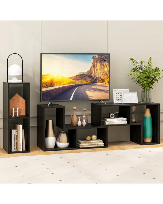 3 Pieces Adjustable TV Stand for TVs up to 65 Inch with Shelves-Mixed Black - Black Wood Grain - Entertainment Centers