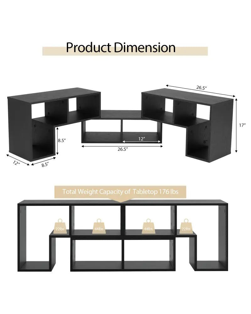 3 Pieces Adjustable TV Stand for TVs up to 65 Inch with Shelves-Mixed Black - Black Wood Grain - Entertainment Centers