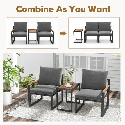 3 Pieces Aluminum Frame Weatherproof Outdoor Conversation Set with Soft Cushions-Gray - Gray - Patio Conversation Sets