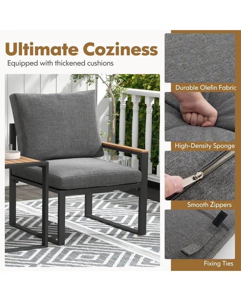 3 Pieces Aluminum Frame Weatherproof Outdoor Conversation Set with Soft Cushions-Gray - Gray - Patio Conversation Sets
