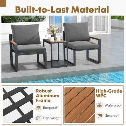 3 Pieces Aluminum Frame Weatherproof Outdoor Conversation Set with Soft Cushions-Gray - Gray - Patio Conversation Sets