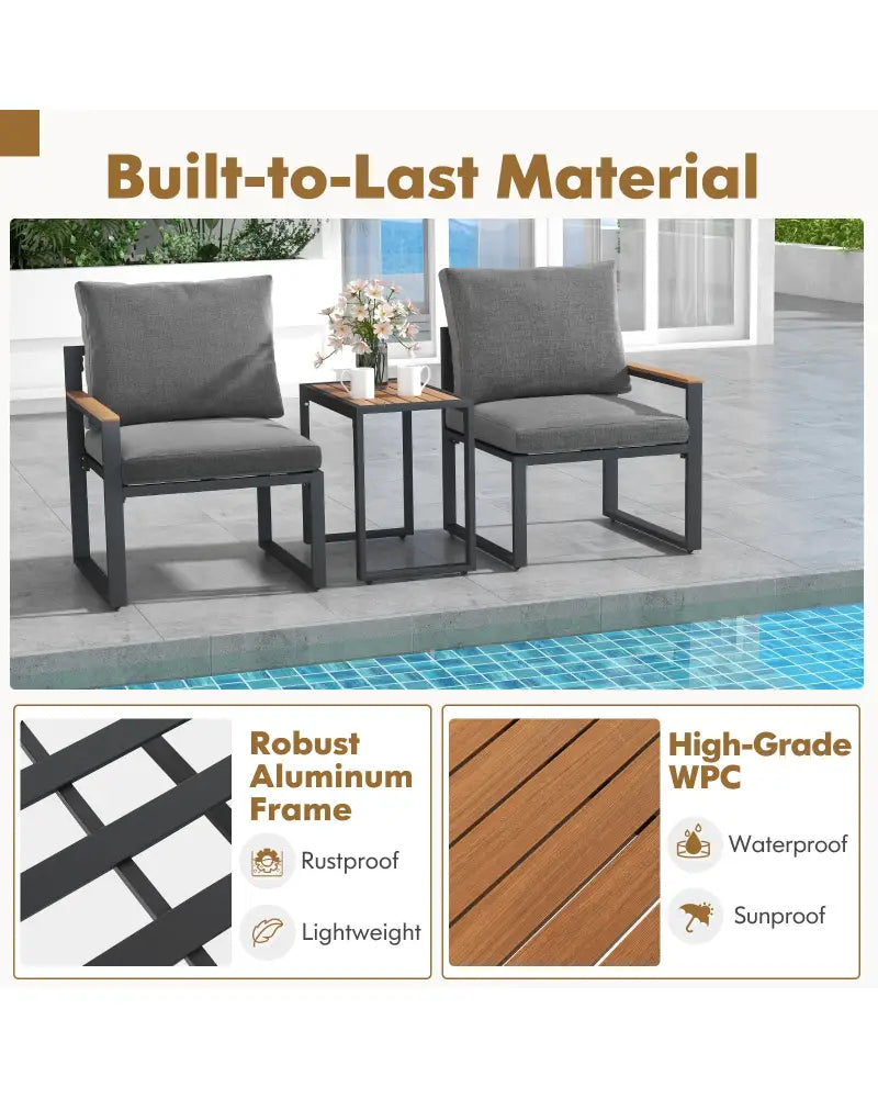 3 Pieces Aluminum Frame Weatherproof Outdoor Conversation Set with Soft Cushions-Gray - Gray - Patio Conversation Sets