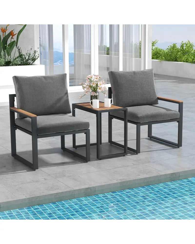 3 Pieces Aluminum Frame Weatherproof Outdoor Conversation Set with Soft Cushions-Gray - Gray - Patio Conversation Sets