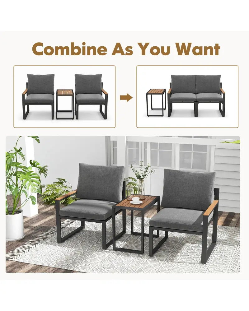 3 Pieces Aluminum Frame Weatherproof Outdoor Conversation Set with Soft Cushions-Gray - Gray - Patio Conversation Sets
