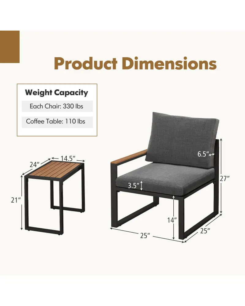 3 Pieces Aluminum Frame Weatherproof Outdoor Conversation Set with Soft Cushions-Gray - Gray - Patio Conversation Sets