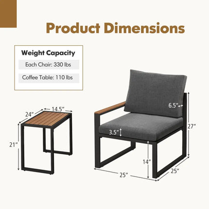 3 Pieces Aluminum Frame Weatherproof Outdoor Conversation Set with Soft Cushions-Gray - Gray - Patio Conversation Sets